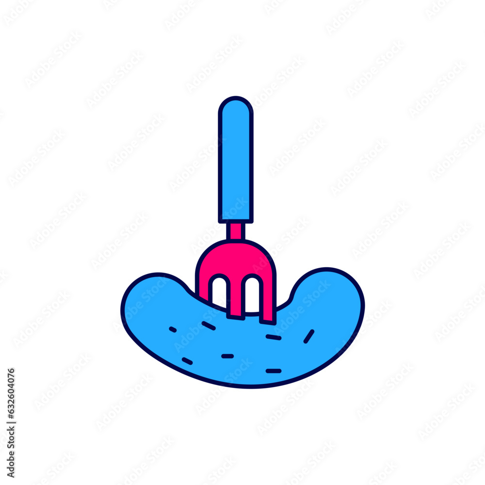 Poster filled outline pickled cucumber on a fork icon isolated on white background. vector