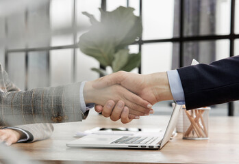 through-blinds. business colleagues meeting each other with a handshake.