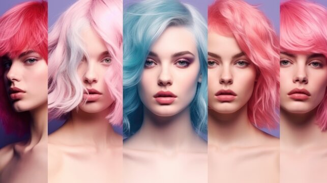 Beauty fashion collage girls with colorful dyed hair. Generated by AI