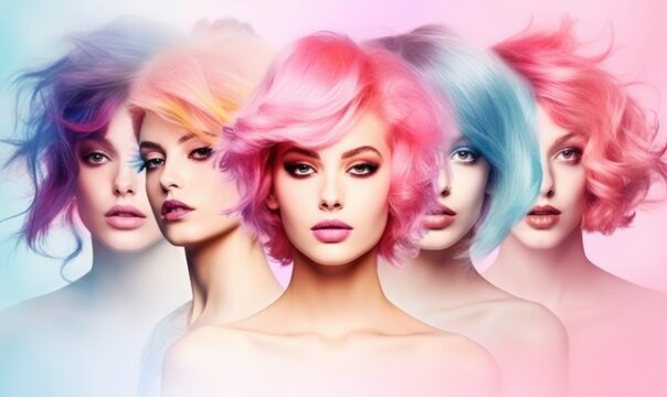 Beauty fashion collage girls with colorful dyed hair. Generated by AI