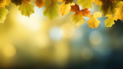 Naklejka na ściany i meble Autumn leaves background with Bokeh under sunlight with a copy of space. Generated by AI