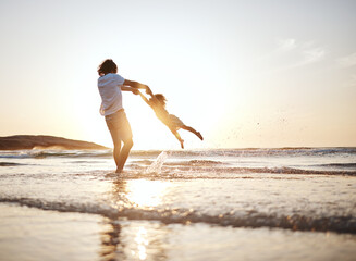 Girl child, swing and father by ocean, sunset and speed for game, holding hands or waves in summer....