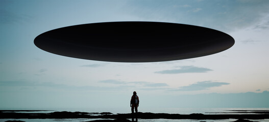 UFO arrival hovering lake sunrise dusk floating flying saucer ocean shoreline 3d - 632604806
