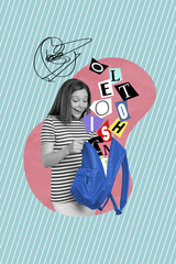 Creative advertisement template collage of schoolgirl impressed open rucksack watch incredible season school offer