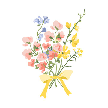 Vector bouquet of wild flowers with a bow illustration