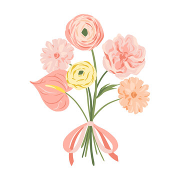 Vector pastel pink wedding bouquet with peony, ranunculus, anthurium, gerber flowers illustration