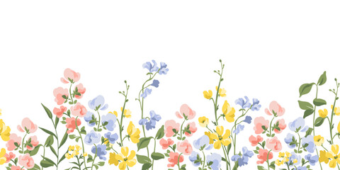 Fototapeta na wymiar Seamless flowers border on white background