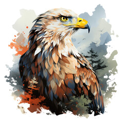 An elegant Eagle t-shirt design depicting a regal eagle perched on a leafy tree branch in a serene forest, Generative Ai