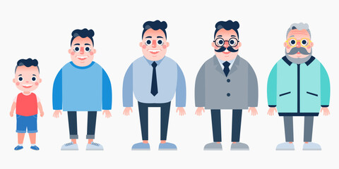 Character with human life cycles vector illustration. Character of a man in different ages