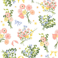 Vector Pretty Floral Bouquets Seamless Pattern on White Background