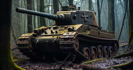 Fototapeta na wymiar Historic World War 2 Tank in Woodland Setting