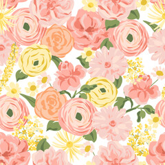 Vector Pastel Seamless Floral Pattern with Roses, Peonies, Ranunculus Flowers