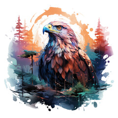 An enchanted Eagle t-shirt design featuring an eagle amidst a magical forest, where the trees are adorned with sparkling fairy lights, Generative Ai