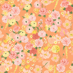 Vector Pastel Seamless Floral Pattern with Roses, Peonies, Hydrangeas, Ranunculus Flowers on Orange Background