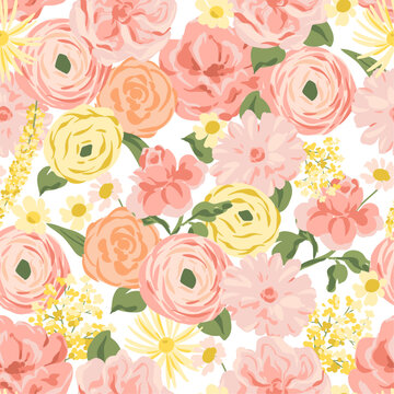 Vector Pastel Seamless Floral Pattern with Roses, Peonies, Ranunculus Flowers