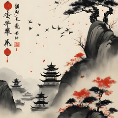 Chinese ink painting pagodas, beautiful trees and flowers on the mountains, and birds fly in the sky,