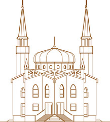 Vector sketch illustration of vintage ancient classic mosque architecture design with high minaret and dome