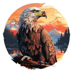 A serene Eagle t-shirt design featuring an eagle perched on a calm lake with a backdrop of snow-capped mountains and a colorful sunrise sky, Generative Ai