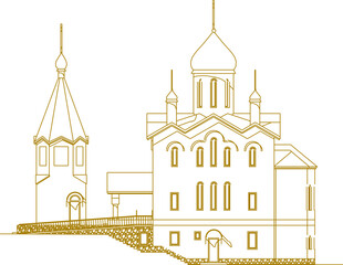 Sketch vector illustration of vintage ancient classic church architecture design with high tower and dome