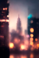 A captivating bokeh effect reveals a blurred cityscape with raindrops and mist. Enchanting play of light and colors adds depth, invoking intrigue and mystery. 
