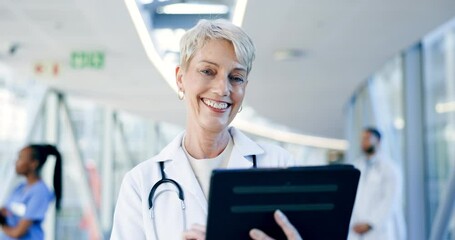 Tablet, happy woman or face of doctor in hospital with research to search for medicine web. Telehealth, social media or medical healthcare professional reading or browsing on app online in clinic - Powered by Adobe