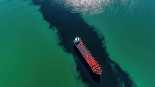 Slow movement of a tanker in the ocean in an oil slick, environmental disaster.