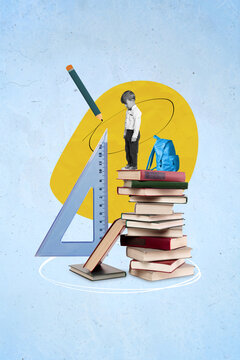 Creative advert template collage of mini kid boy stand on top textbook look incredible school sale discount