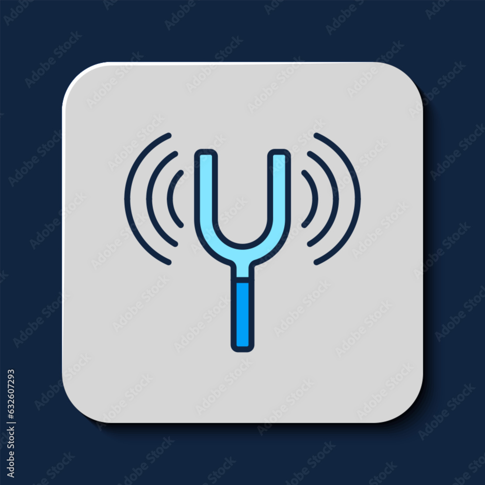 Poster filled outline musical tuning fork for tuning musical instruments icon isolated on blue background. 
