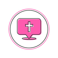 Filled outline Map pin church building icon isolated on white background. Christian Church. Religion of church. Vector