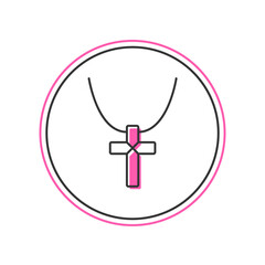 Filled outline Christian cross on chain icon isolated on white background. Church cross. Vector