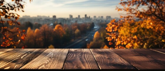 Wooden countertop on a blurred background of autumn colorful landscape. Generated by AI