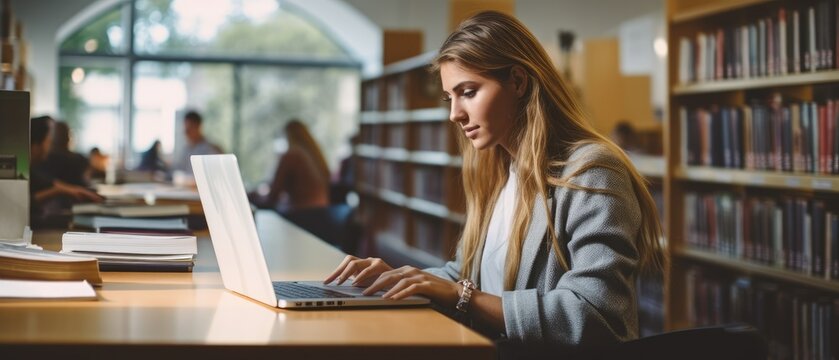 young woman student working on laptop and study in library, Generative AI