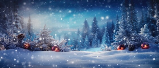 Christmas winter background with snow and blurry bokeh. Generated by AI