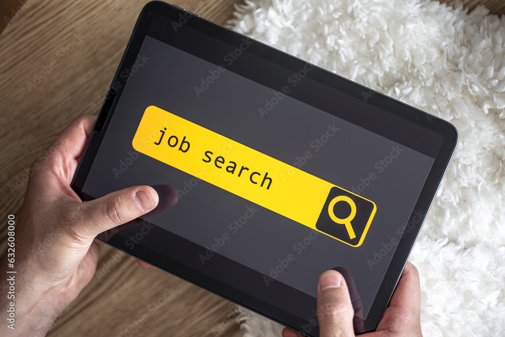 Canvas Prints top view of digital tablet with search job on screen in male hands.