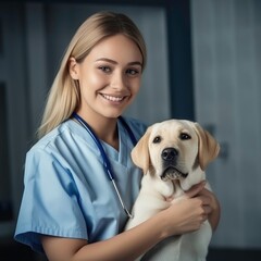 Veterinary examination of dogs. Puppy in the hands of a doctor at a veterinary clinic. Generated by AI