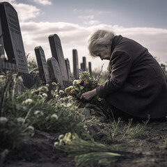 An old woman lays flowers on her deceased husband's grave in a cemetery. Generative AI