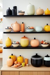 A shelf filled with lots of different colored vases. AI.