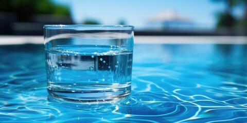 A glass of water sitting on top of a pool. AI.