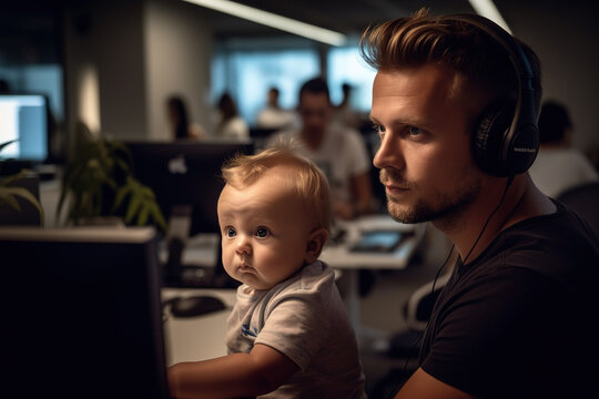 Man Works In An Open Plan Office And Brings His Baby To Work. Family Friendly Concept Of Child Care In Modern Company. Criticism Of The Lack Of Kindergarten Places. Generative AI