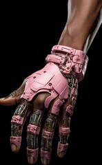 A close up of a person's hand with a pink glove. AI.