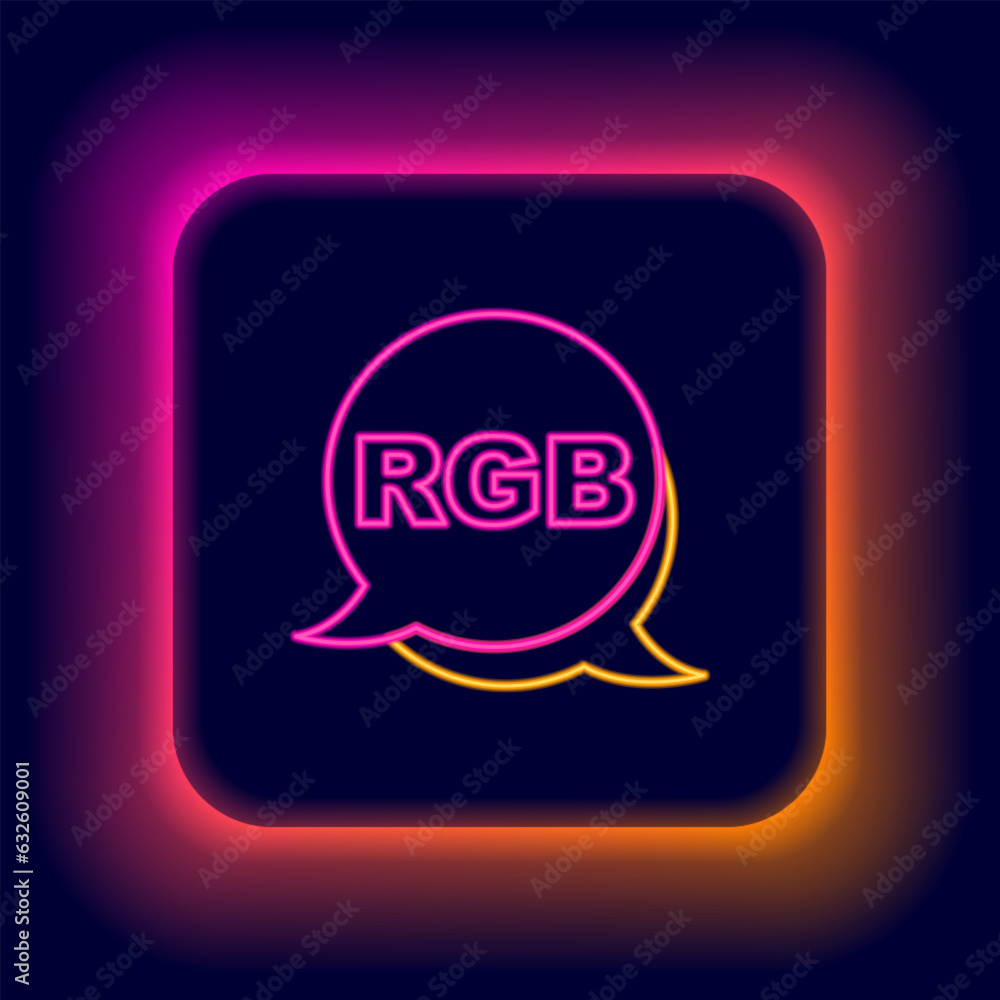 Poster glowing neon line speech bubble with rgb and cmyk color mixing icon isolated on black background. co