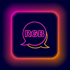 Glowing neon line Speech bubble with RGB and CMYK color mixing icon isolated on black background. Colorful outline concept. Vector