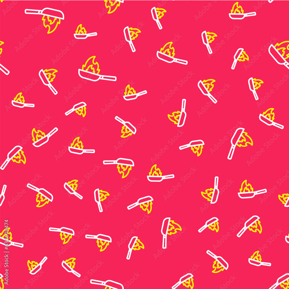 Aufkleber line pan with fire icon isolated seamless pattern on red background. vector