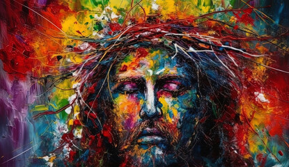 Abstract art. Colorful painting of Jesus Christ using colorful oils or watercolors. Generative AI.