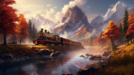  steam locomotive in the mountains - obrazy, fototapety, plakaty