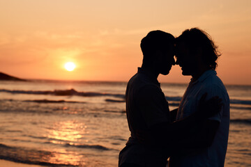 Silhouette, sunset and gay men at ocean, love and mockup on summer vacation together in Thailand....