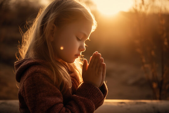 A girl's hands clasped in prayer and praise as the sun sets. Christianity as a religion. Generative AI.