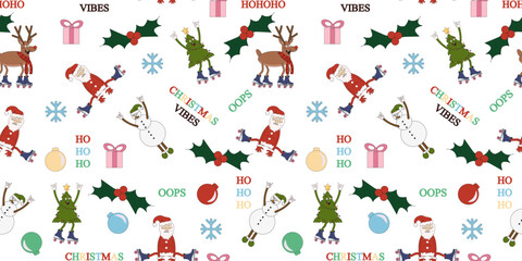 Funky design of Christmas wrapping paper with cute Xmas character in trendy groovy Y2K style. Wallpaper and textile print with santa, reindeer, christmas tree. Cool new year background. Vector art.