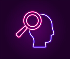Glowing neon line Magnifying glass for search job icon isolated on black background. Recruitment or selection concept. Search for employees and job. Colorful outline concept. Vector