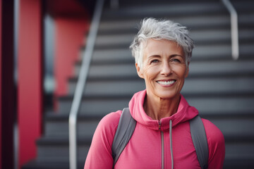 Portrait of a happy smiling senior caucasian active woman in casual autumn clothes and with a backpack outdoors, looking at the camera